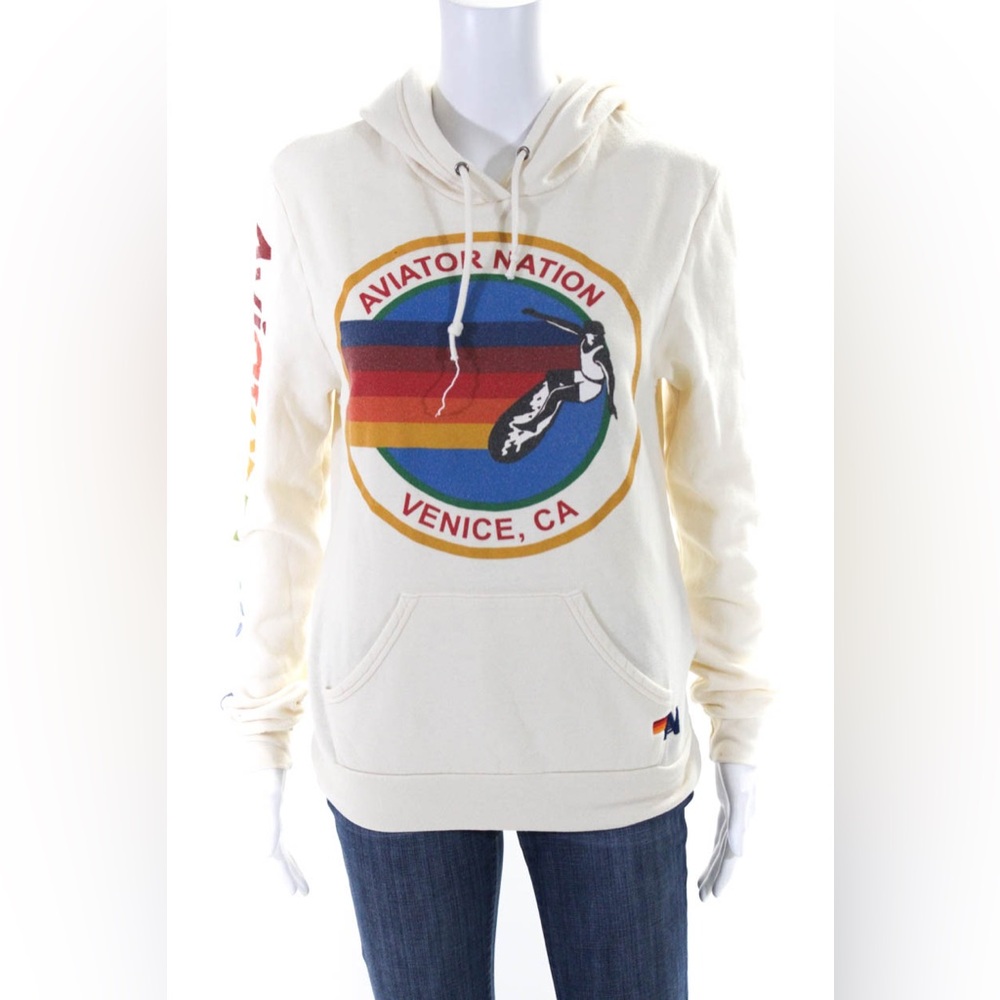 Aviator Nation Vintage White Cream Malibu Logo Drawstring Hoodie Medium